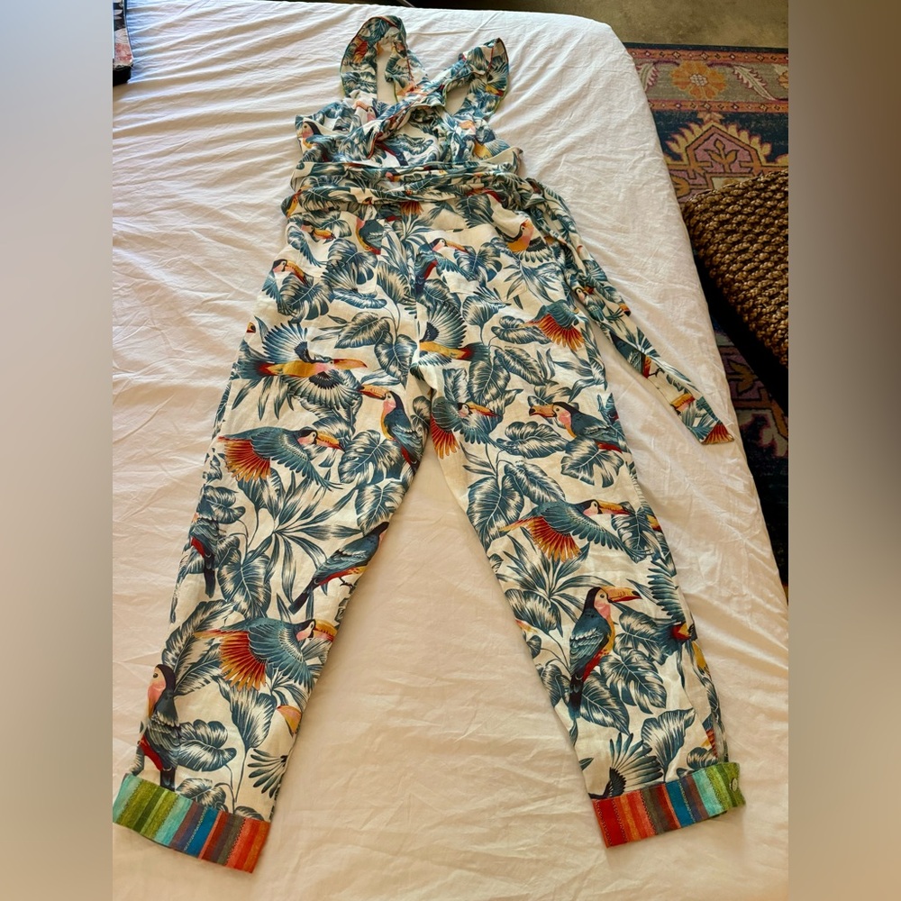 FARM Rio Tropical Toucan Print Jumpsuit in Teal, Orange, Red, Green - Picture 2 of 9